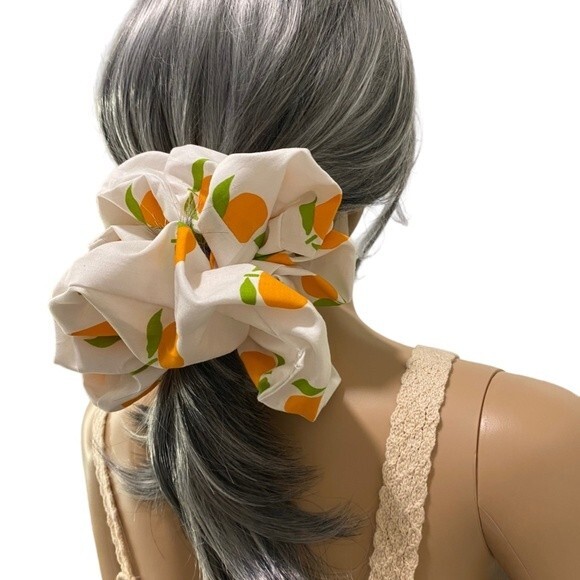 Hair Scrunchie. Multicolor. XL. Orange Fruit Print. Resortwear. Tropical. Cute. - Picture 3 of 9